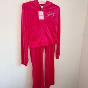 Juicy Couture Pink party Velour Tracksuit Set Rhinestone Logo Hoodie Pants Large